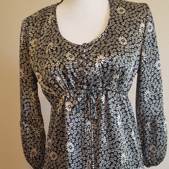 Claudia Richard Tops - Dressy Top Long Sleeves Black White Peasant BOHO